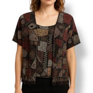 Vintage Beaded Abstract Tribal Art Cardigan Tank Set Burgundy Black Large